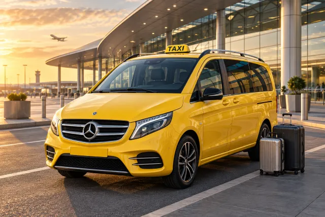 Yellow taxi with luggage outside a modern airport terminal for Kusadasi airport transportation