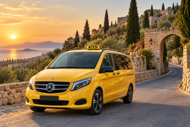 Yellow taxi on a fictional hillside road illustrating transportation from Kusadasi to the Basilica of St. John