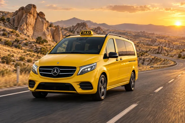 Yellow taxi on a fictional Anatolian road illustrating long-distance transportation from Kusadasi to Cappadocia