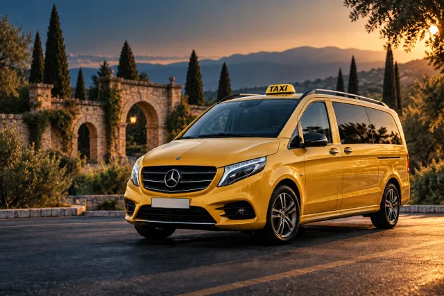 Yellow taxi van with a fictional stone gateway, illustrating the Kusadasi to Ephesus taxi route.