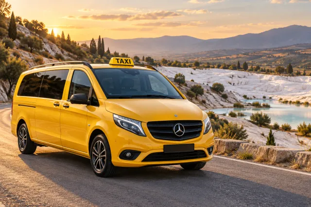 Yellow taxi beside a fictional mineral landscape illustrating transportation from Kusadasi to Pamukkale Hierapolis