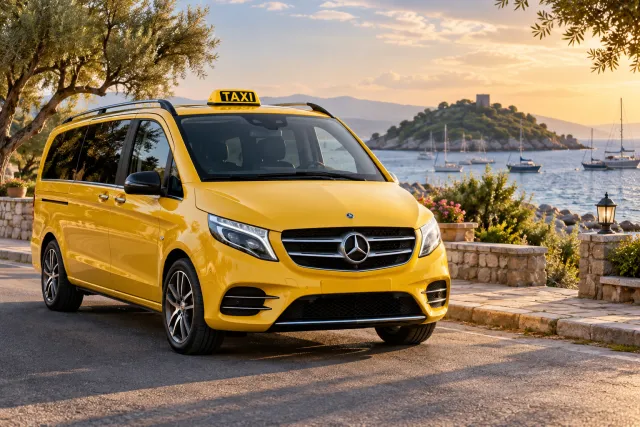 Yellow taxi on a fictional Aegean waterfront illustrating transportation from Kusadasi to Pigeon Island