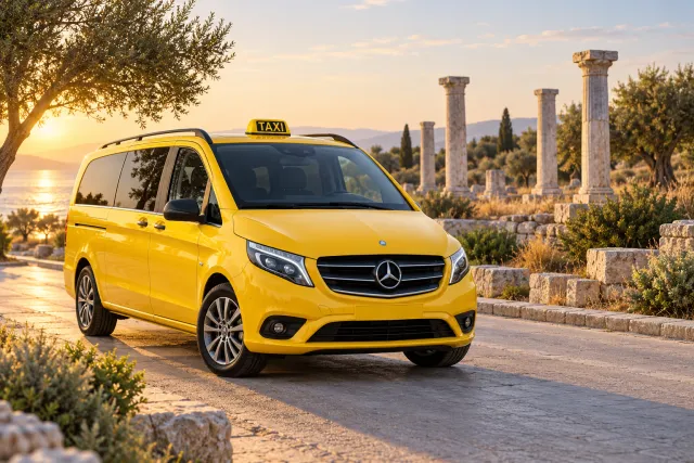 Yellow taxi near fictional stone columns illustrating transportation from Kusadasi to the Temple of Apollo