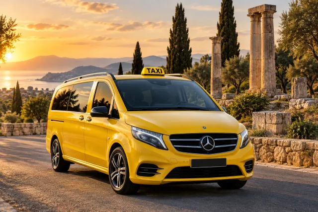 Yellow taxi near fictional stone columns illustrating transportation from Kusadasi to the Temple of Artemis